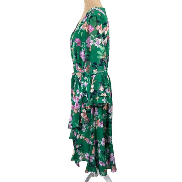 Eliza J Floral Faux Wrap Dress Green Flutter Sleeve Size 16 - Picture 2 of 9